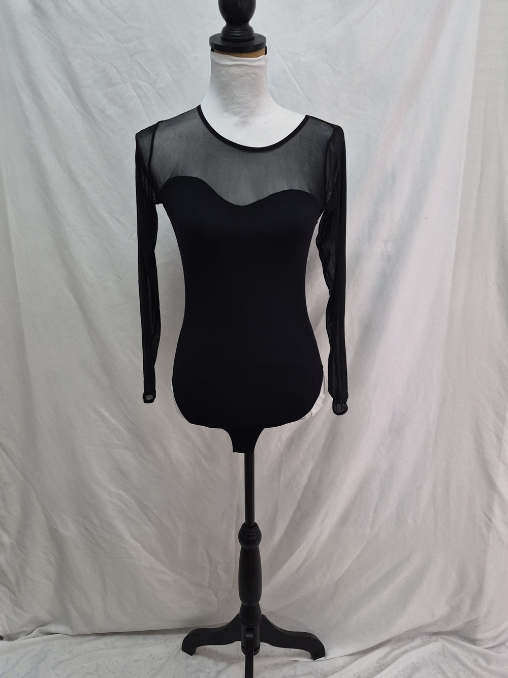 Women’s Black Sheer Yoke Long-Sleeve Bodysuit